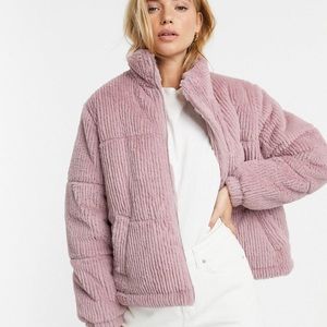 New Look faux fur cord puffer jacket in light pink